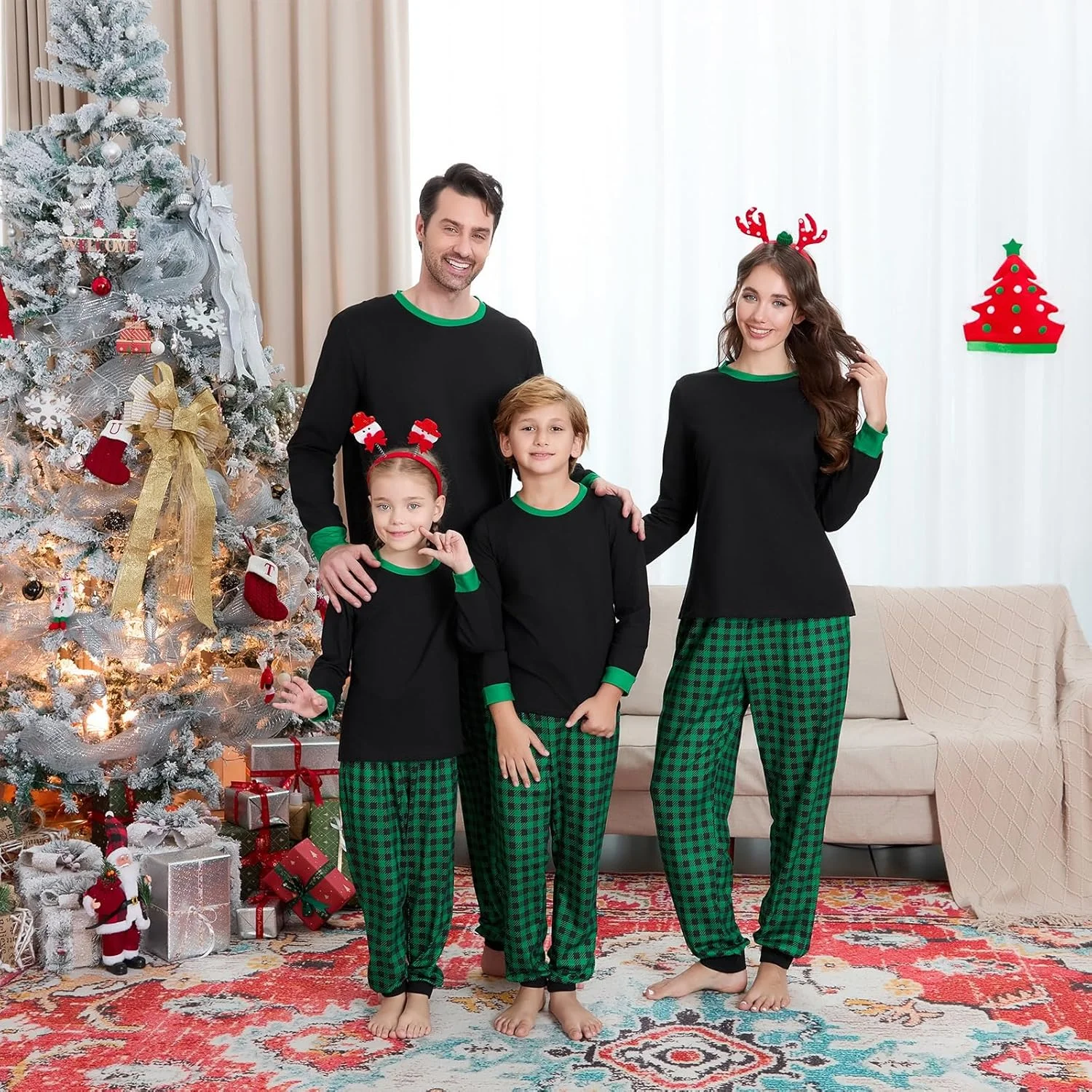 ست لباس خواب خانوادگی Ingerie، تاپ آستین بلند نخی با شلوار چهارخانه بوفالو، لباس راحتی کریسمس