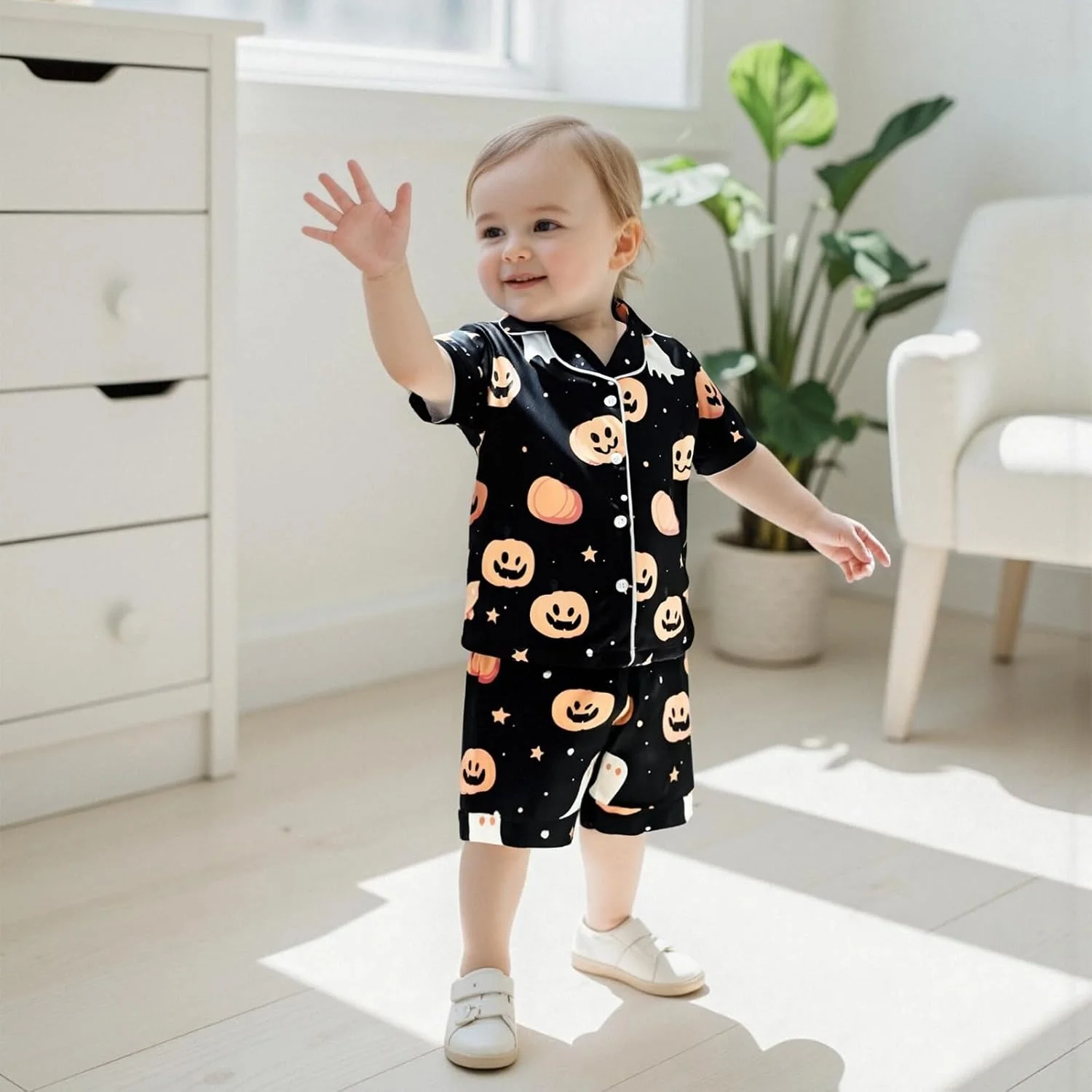 ست پیژامه ساتن پسرانه بچه گانه Edhomenn با طرح شبح و کدو تنبل، آستین کوتاه، دکمه دار، لباس خواب و راحتی