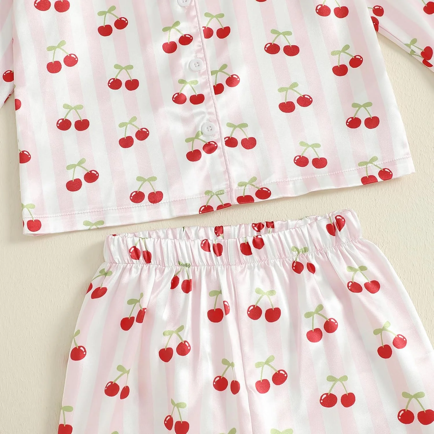 ست لباس خواب ساتن دخترانه MAHUAOYIXI، آستین بلند، یقه برگردان، طرح گیلاس، دکمه دار، تاپ و شلوار کمر کشی، ست 2 تکه، لباس خواب و راحتی نوزاد دختر