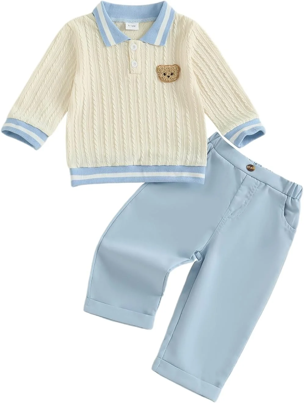 ست لباس پسرانه ماهوآییکسی، گرمکن بچه گانه آستین بلند، یقه برگردان، گلدوزی خرس، پلیور بافتنی، تاپ بافتنی با کمر کشی، ست شلوار توپر 2 تکه، لباس جنتلمن پسرانه نوپا