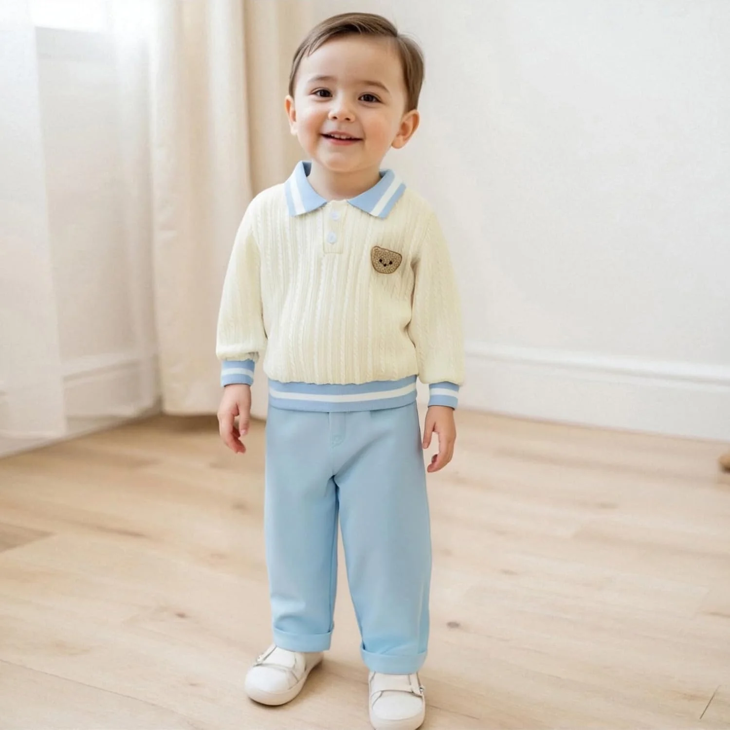 ست لباس پسرانه ماهوآییکسی، گرمکن بچه گانه آستین بلند، یقه برگردان، گلدوزی خرس، پلیور بافتنی، تاپ بافتنی با کمر کشی، ست شلوار توپر 2 تکه، لباس جنتلمن پسرانه نوپا