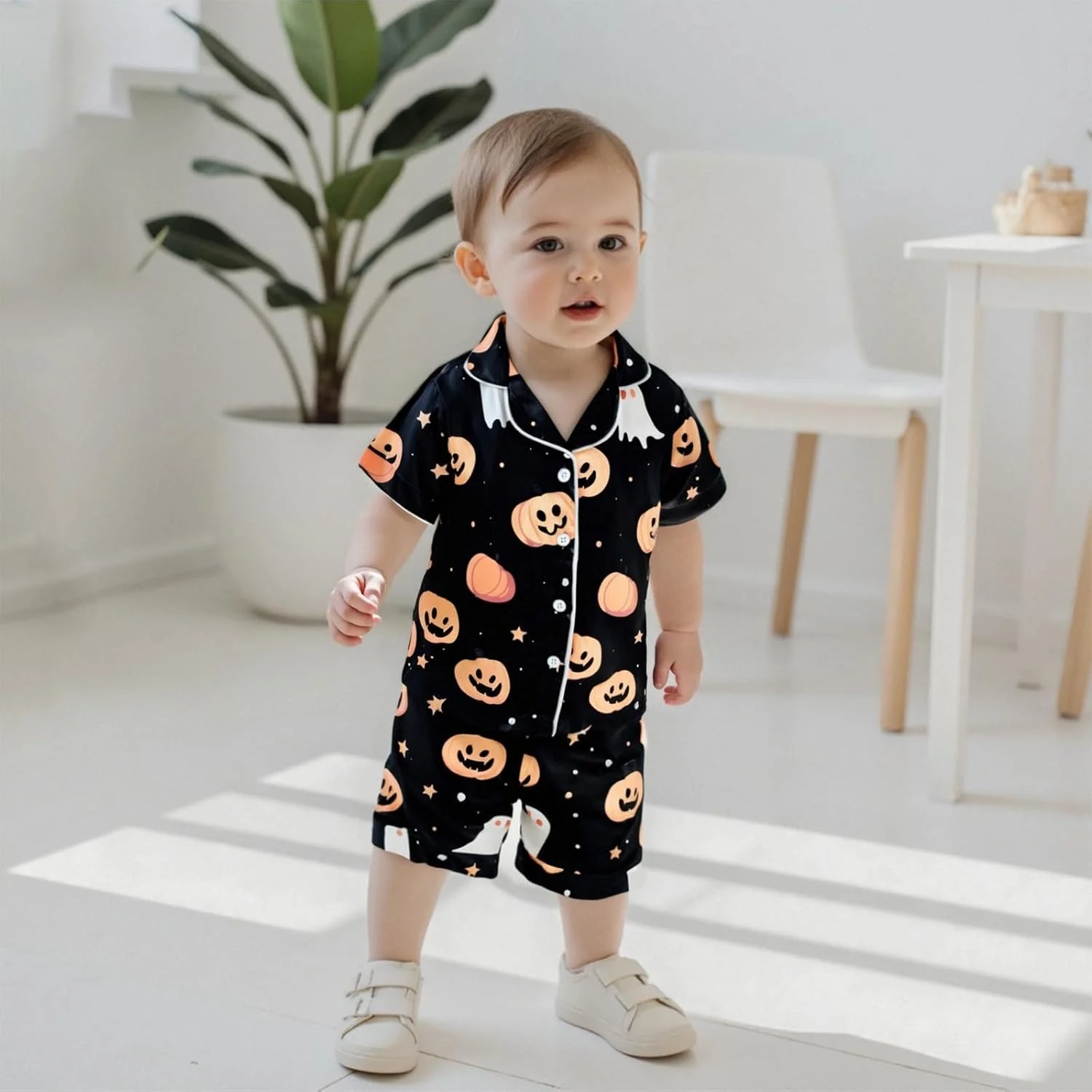 ست پیژامه ساتن پسرانه بچه گانه Edhomenn با طرح شبح و کدو تنبل، آستین کوتاه، دکمه دار، لباس خواب و راحتی