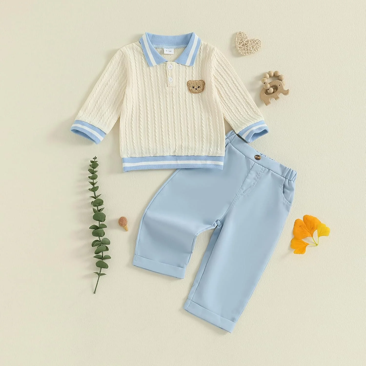 ست لباس پسرانه ماهوآییکسی، گرمکن بچه گانه آستین بلند، یقه برگردان، گلدوزی خرس، پلیور بافتنی، تاپ بافتنی با کمر کشی، ست شلوار توپر 2 تکه، لباس جنتلمن پسرانه نوپا