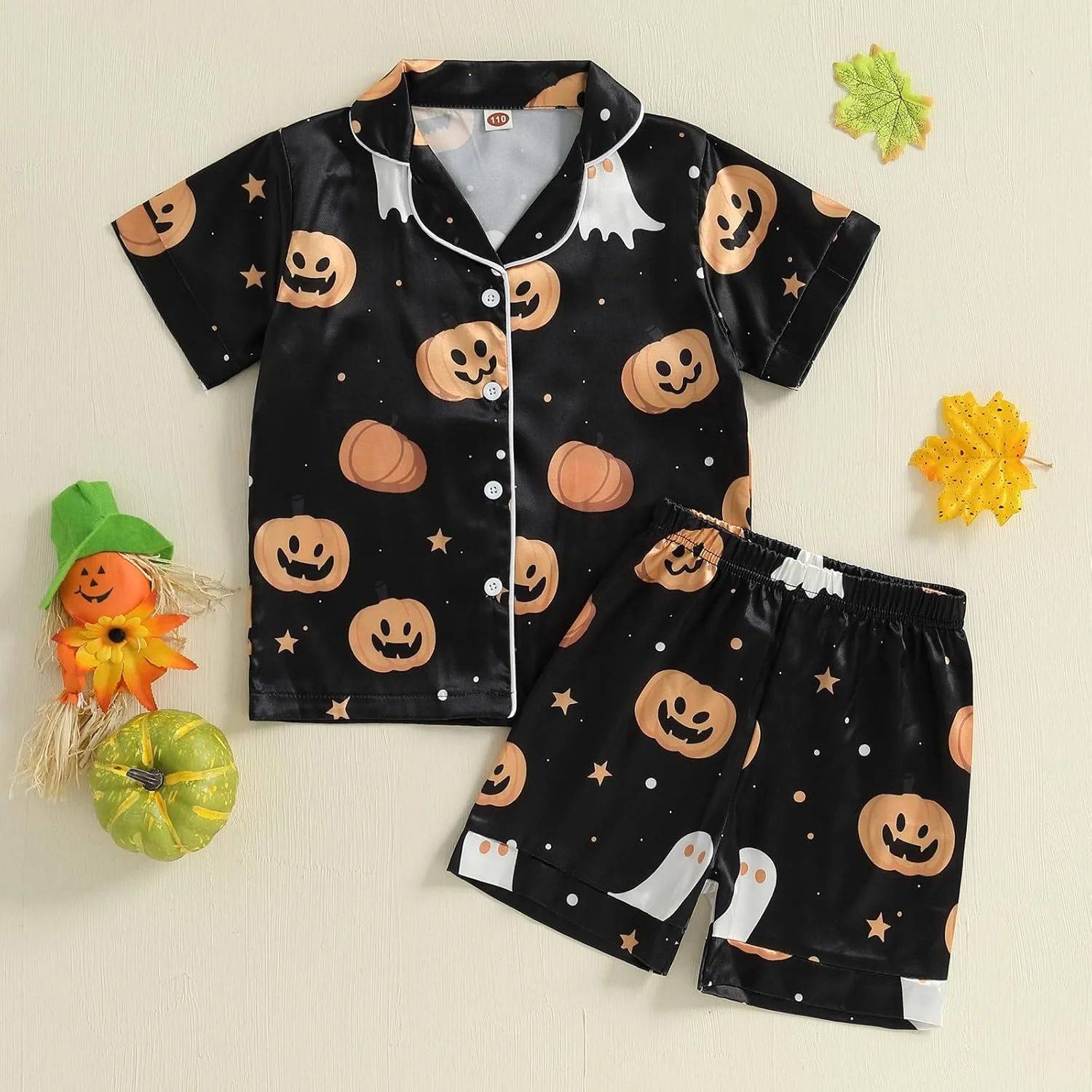 ست پیژامه ساتن پسرانه بچه گانه Edhomenn با طرح شبح و کدو تنبل، آستین کوتاه، دکمه دار، لباس خواب و راحتی