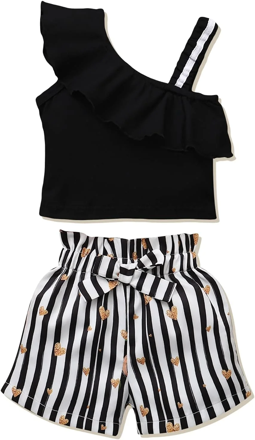 لباس دخترانه DISAUR (12 ماهه تا 5 سال) ست لباس تابستانی دخترانه شامل تاپ بدون آستین با سرشانه باز و شورت گلدار مشکی