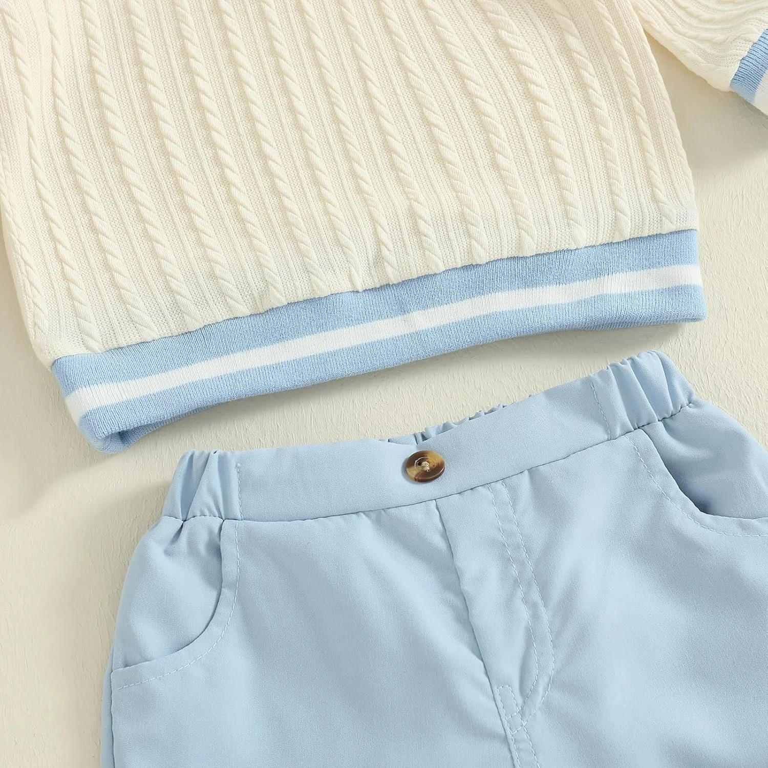 ست لباس پسرانه ماهوآییکسی، گرمکن بچه گانه آستین بلند، یقه برگردان، گلدوزی خرس، پلیور بافتنی، تاپ بافتنی با کمر کشی، ست شلوار توپر 2 تکه، لباس جنتلمن پسرانه نوپا