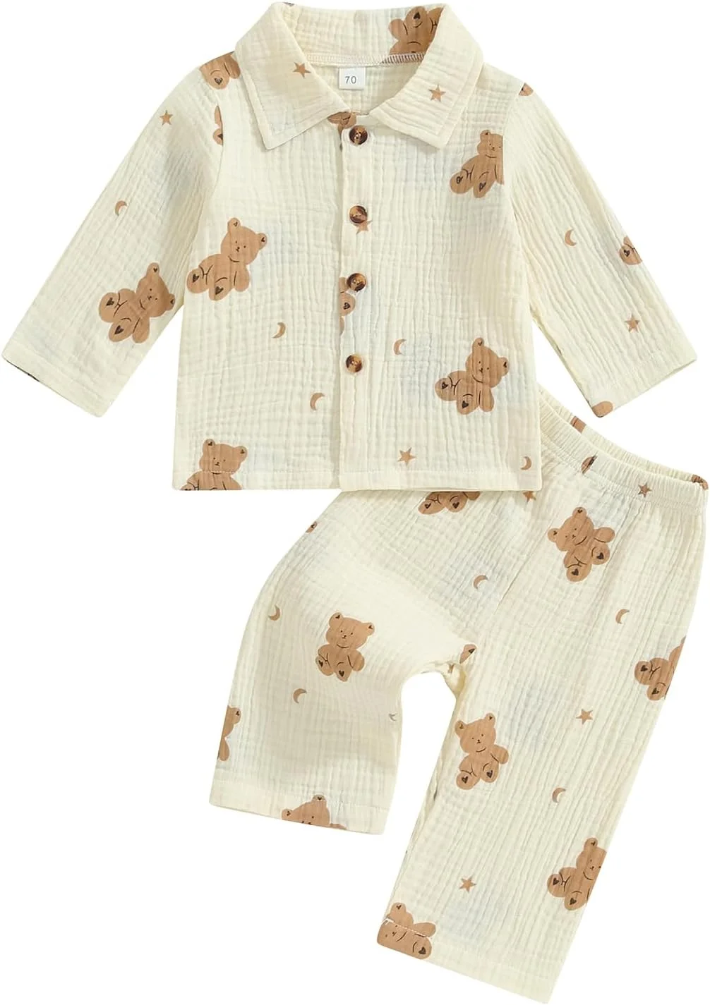 ست لباس خواب بچه گانه MAHUAOYIXI، پیراهن آستین بلند طرح خرس کارتونی یقه برگردان به همراه شلوار بلند کشی، مناسب برای استفاده روزمره و استراحت کودکان