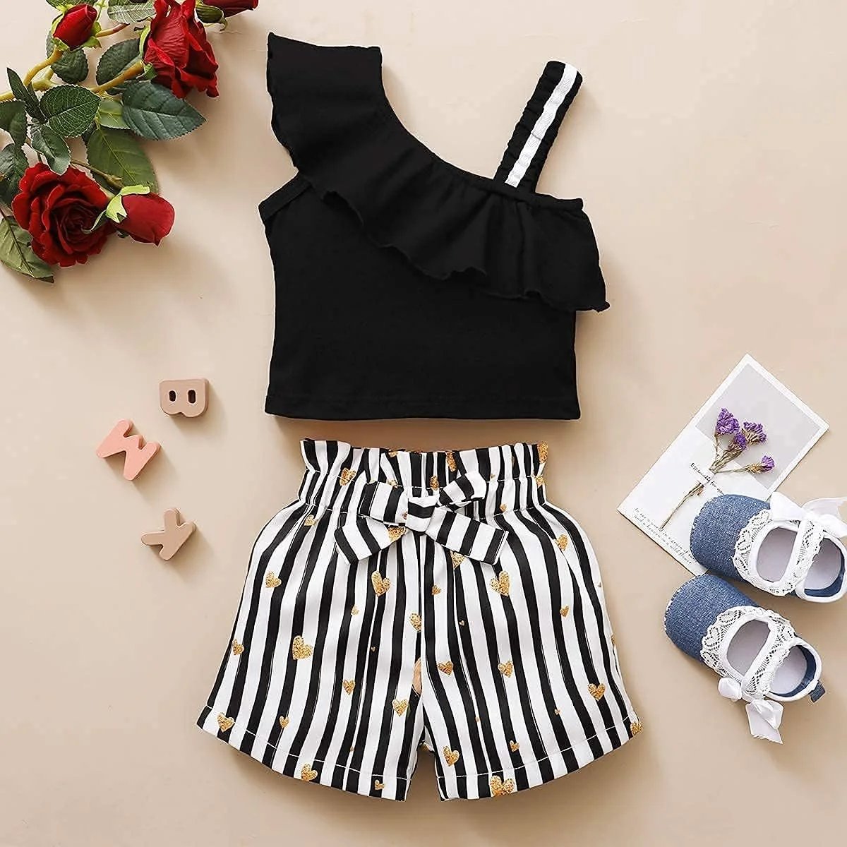 لباس دخترانه DISAUR (12 ماهه تا 5 سال) ست لباس تابستانی دخترانه شامل تاپ بدون آستین با سرشانه باز و شورت گلدار مشکی