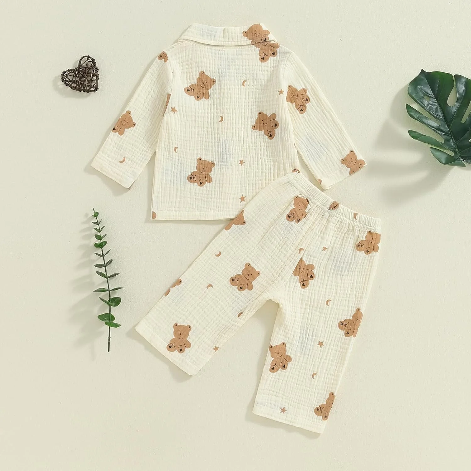 ست لباس خواب بچه گانه MAHUAOYIXI، پیراهن آستین بلند طرح خرس کارتونی یقه برگردان به همراه شلوار بلند کشی، مناسب برای استفاده روزمره و استراحت کودکان