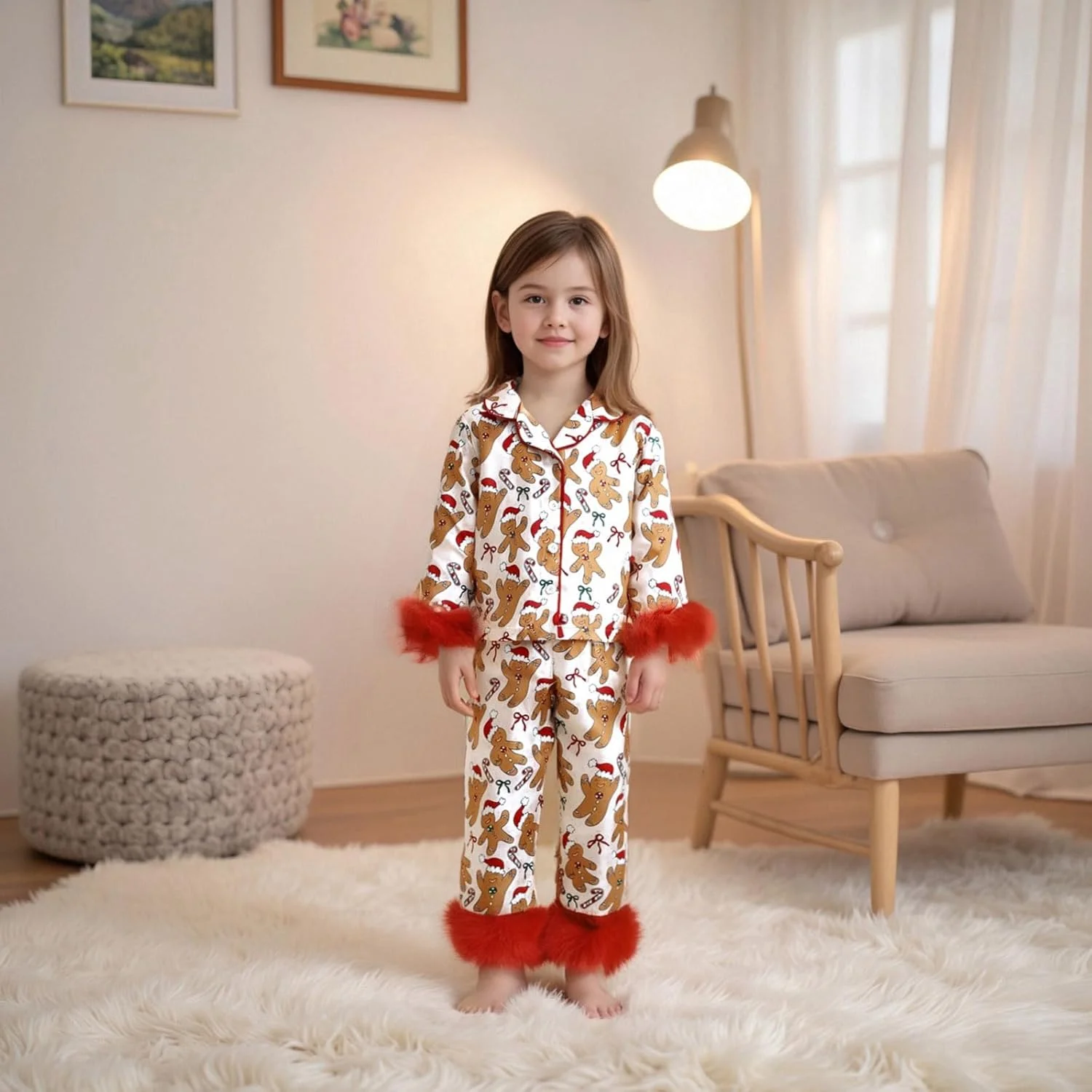 ست لباس خواب کریسمس دخترانه LYSINK، طرح پاپیون بابانوئل، آستین بلند، مناسب پاییز و زمستان