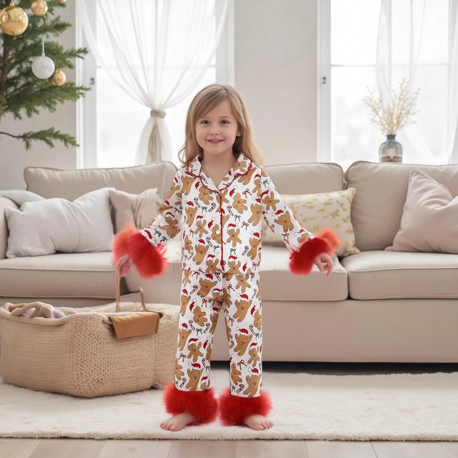 ست لباس خواب کریسمس دخترانه LYSINK، طرح پاپیون بابانوئل، آستین بلند، مناسب پاییز و زمستان