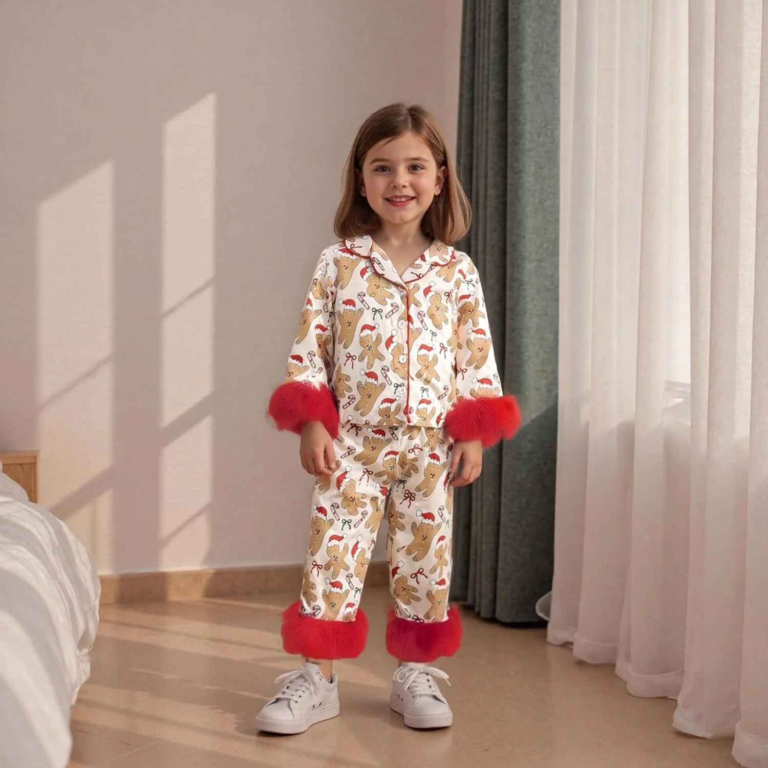 ست لباس خواب کریسمس دخترانه LYSINK، طرح پاپیون بابانوئل، آستین بلند، مناسب پاییز و زمستان