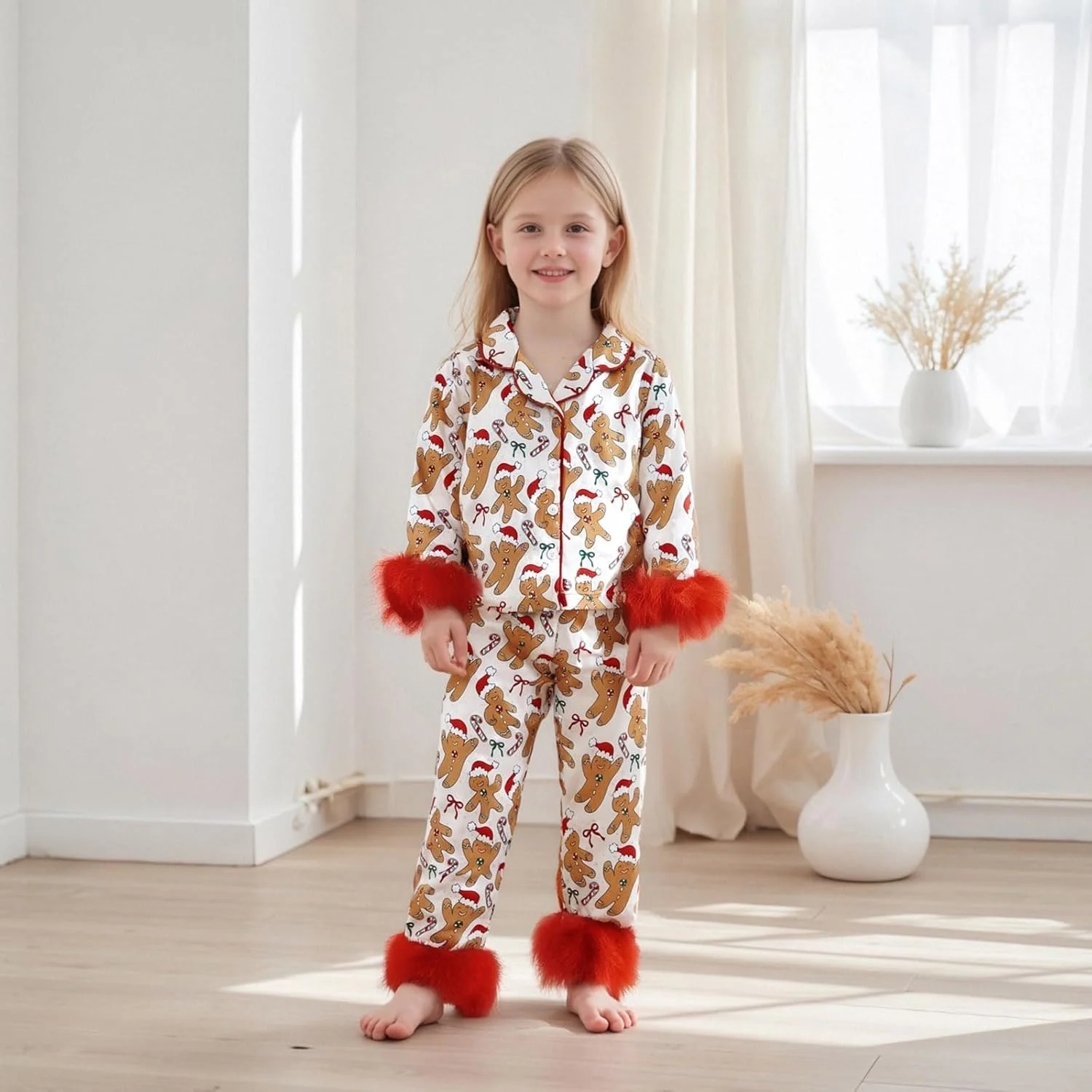 ست لباس خواب کریسمس دخترانه LYSINK، طرح پاپیون بابانوئل، آستین بلند، مناسب پاییز و زمستان