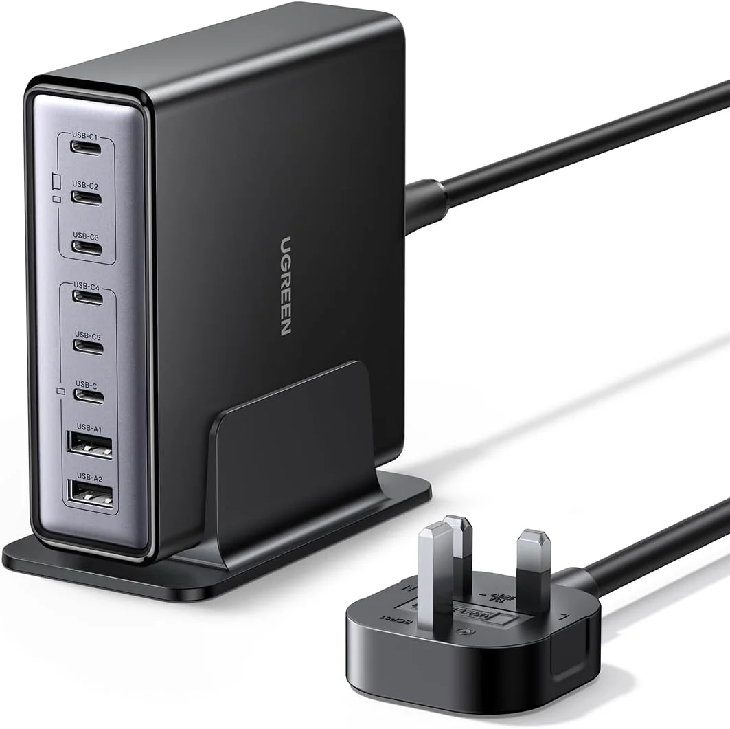 ایستگاه شارژ USB C هشت پورت 200 واتی UGREEN Nexode، آداپتور شارژ سریع GaN با محافظت چندگانه، شارژر پایه رومیزی پایدار برای MacBook Pro/Laptop/iPhone 17/Samsung S25/S24 (سیم دوشاخه 2 متری)