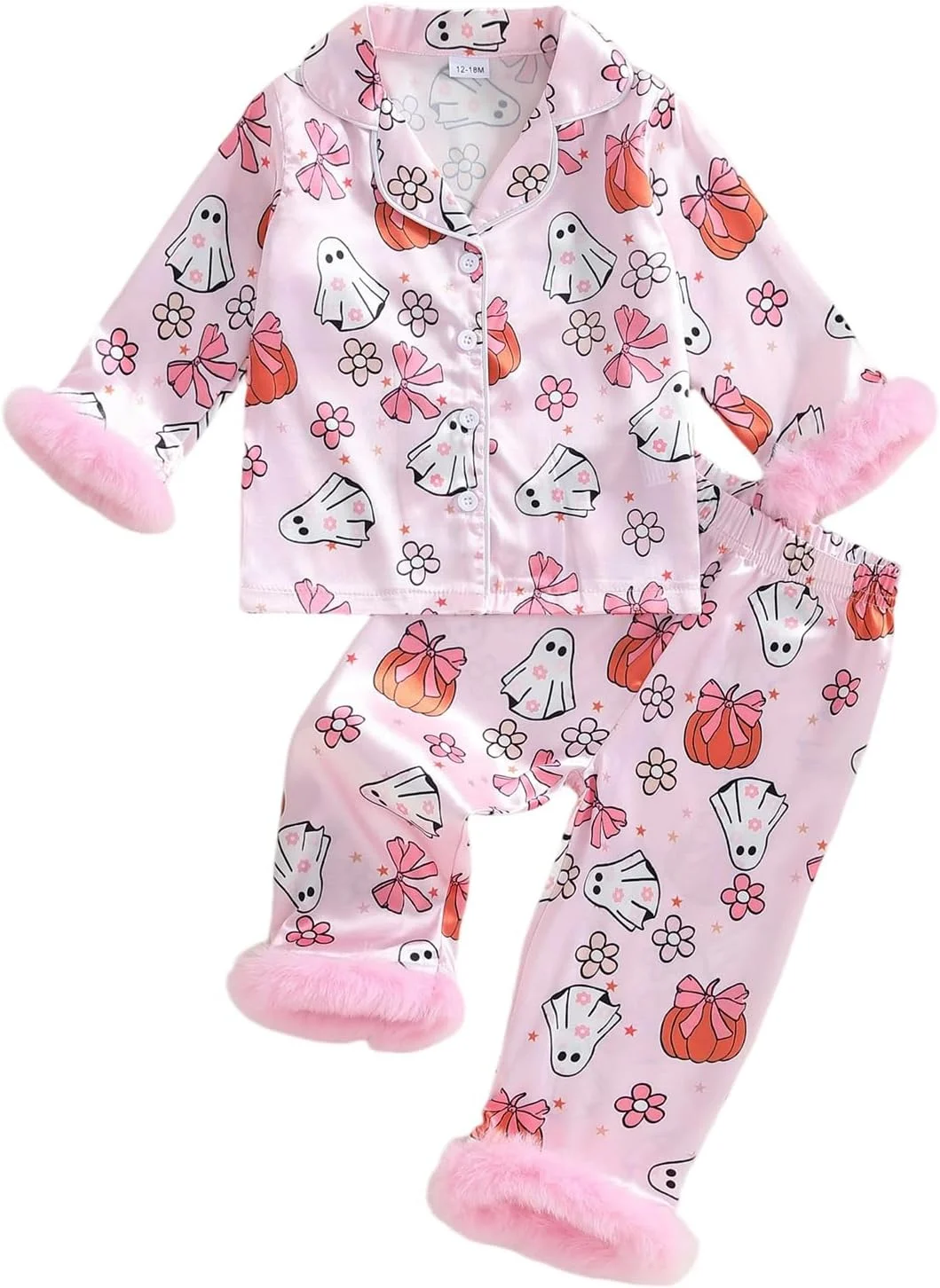 Carolilly Girls Halloween Pyjama Sets Kids Pjs Fur Trim Long Sleeve Floral Pumpkin/Ghost Print Lapel Button up Tops + Elastic Waist Pants Sleepwear Toddler Loungewear Sets