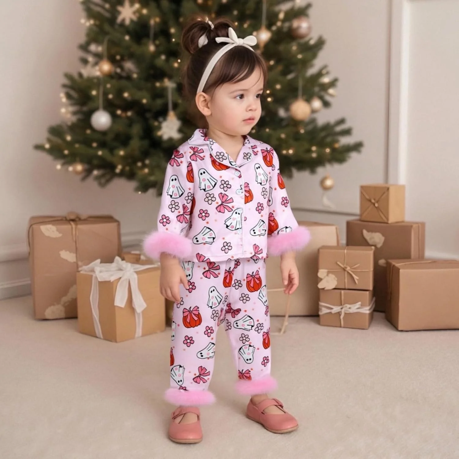 Carolilly Girls Halloween Pyjama Sets Kids Pjs Fur Trim Long Sleeve Floral Pumpkin/Ghost Print Lapel Button up Tops + Elastic Waist Pants Sleepwear Toddler Loungewear Sets Carolilly Girls Halloween Pyjama Sets Kids Pjs Fur Trim Long Sleeve Floral Pumpkin/Ghost Print Lapel Button up Tops + Elastic Waist Pants Sleepwear Toddler Loungewear Sets