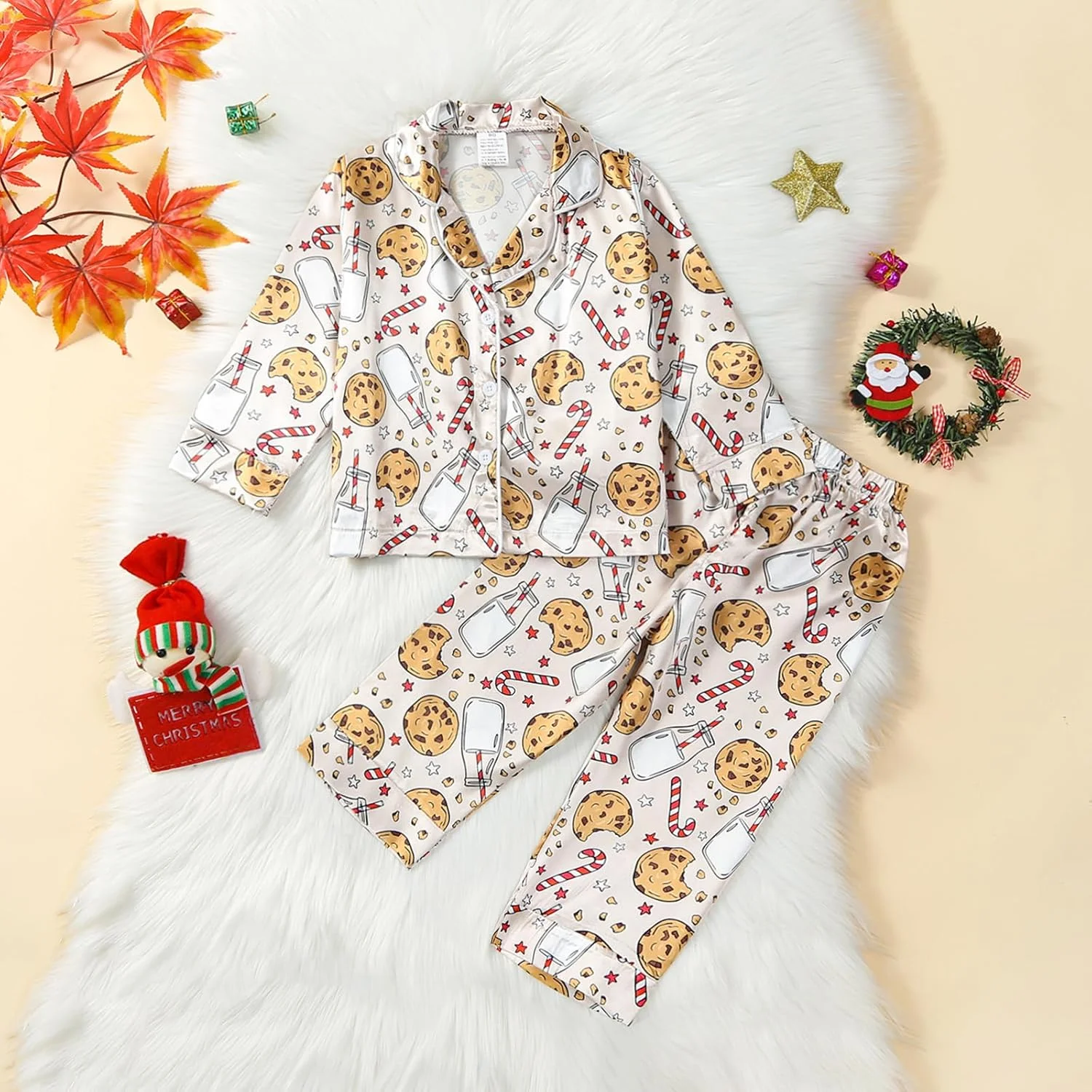 ست لباس خواب دو تکه کریسمس بچه گانه BULINGNA، پیراهن ساتن طرح کوکی و بابانوئل با شلوار، لباس خواب کریسمس