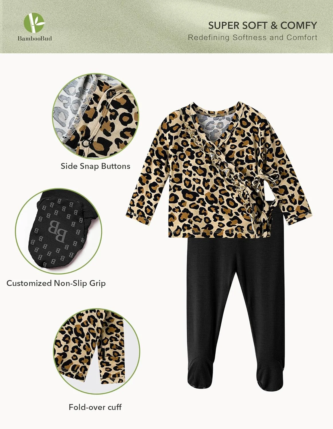 ست لباس نوزادی دخترانه BambooBud، شامل بلوز کیمونویی آستین بلند و شلوار، تهیه شده از ویسکوز بامبو ست لباس نوزادی دخترانه BambooBud، شامل بلوز کیمونویی آستین بلند و شلوار، تهیه شده از ویسکوز بامبو