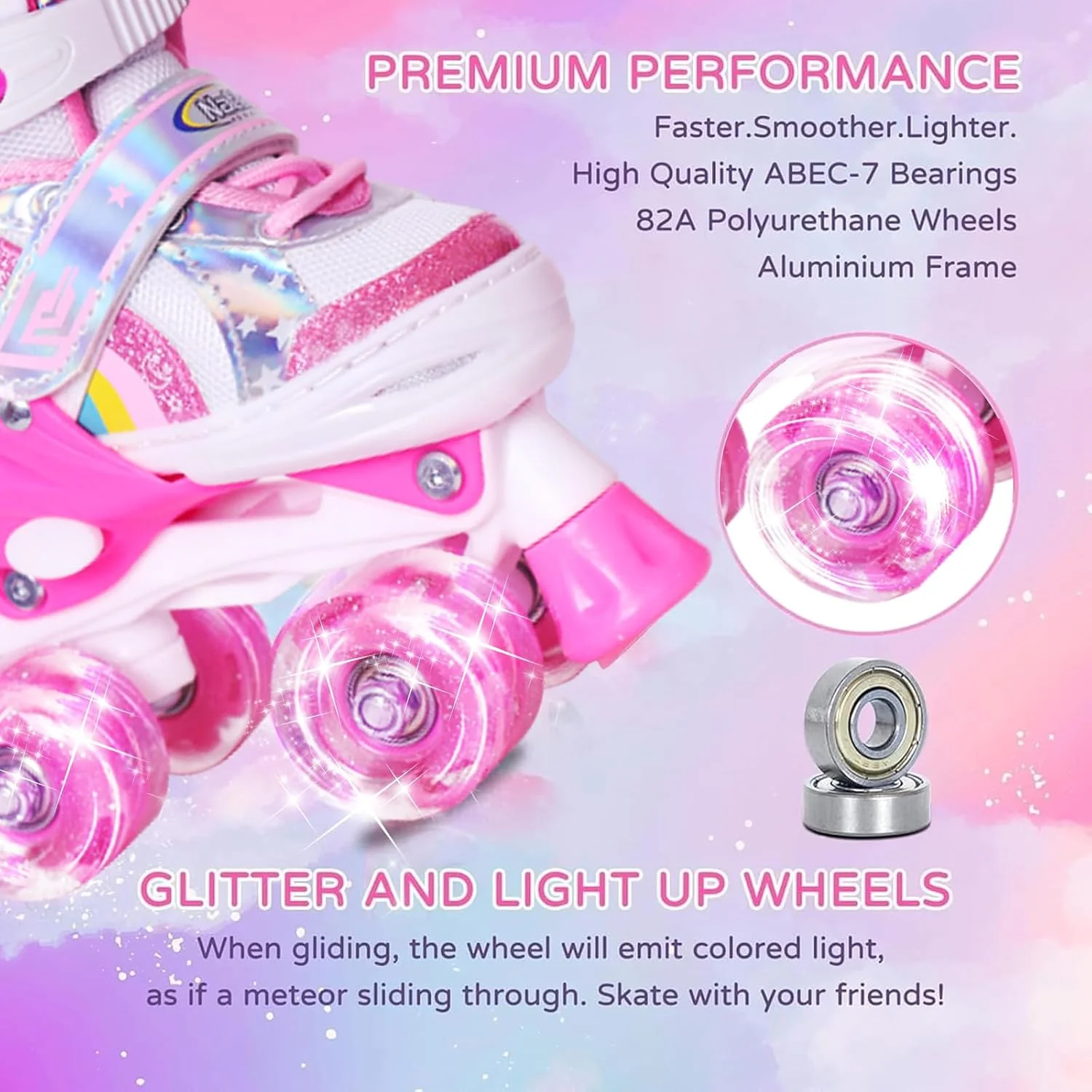 اسکیت های غلتکی کودکان Nattork برای پسران دختران، اسکیت های چهارتایی قابل تنظیم در 4 سایز با چرخ های چراغ دار - هدیه تولد برای ورزش های داخل و خارج از خانه
