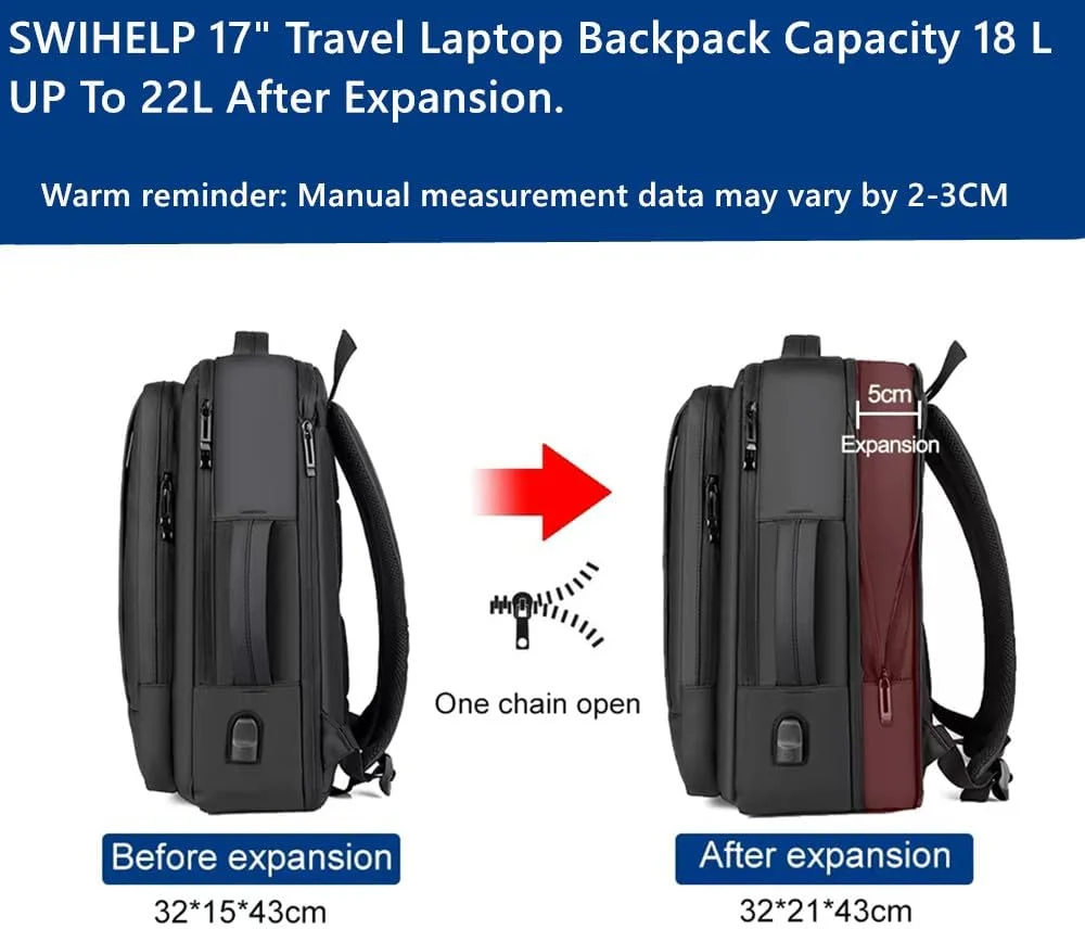کوله پشتی لپ تاپ مسافرتی SWIHELP سایز 17 اینچ، کوله پشتی بزرگ مسافرتی تجاری با قابلیت افزایش فضا برای زنان و مردان با پورت شارژ USB
