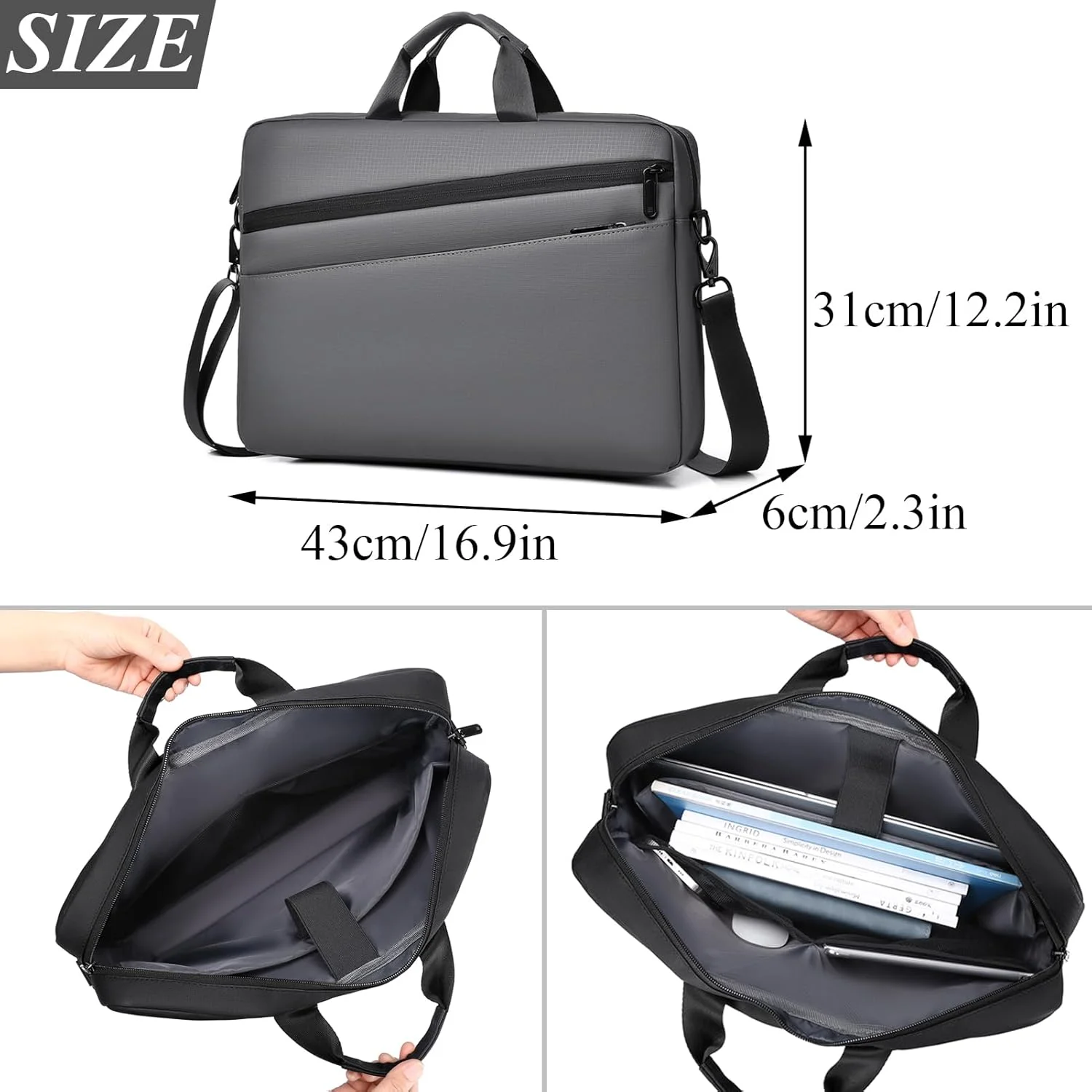 کیف لپ تاپ Qiccijoo مناسب برای لپ تاپ های 17.3 اینچی، کیف دستی لپ تاپ مردانه و زنانه، کیف کامپیوتر، کیف شانه ای با بند، کیف های کامپیوتر، کیف پیام رسان برای مسافرت/کار (خاکستری)