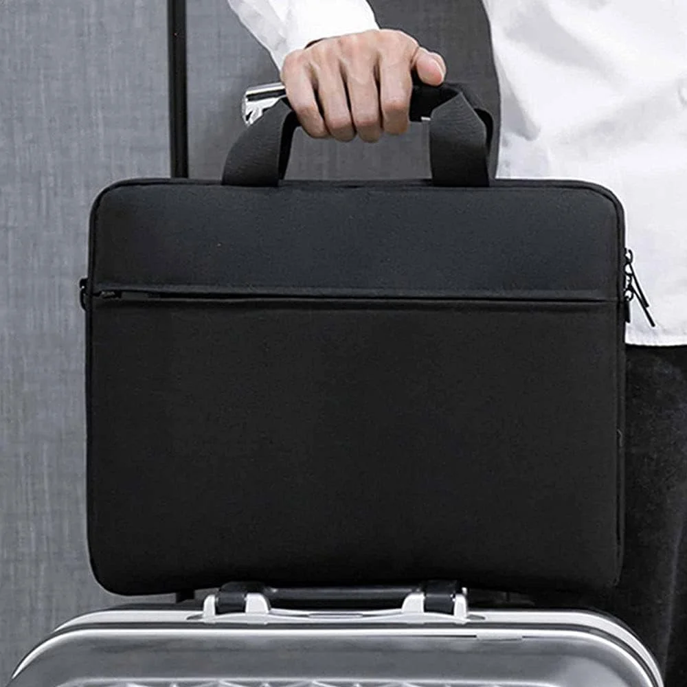 کیف لپ تاپ مشکی، 14 اینچ، مناسب بزرگسالان، طراحی مینیمال، دارای محفظه های پد دار، بند شانه ای قابل تنظیم