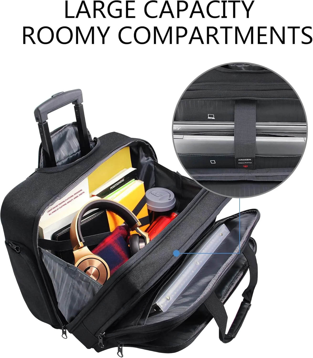 کیف لپ تاپ چرخ دار KROSER، کیف دستی چرخ دار ممتاز مناسب برای لپ تاپ تا 17.3 اینچ، کیف کامپیوتر چرخ دار ضد آب برای سفر/کار/مدرسه/مردان/زنان - مشکی