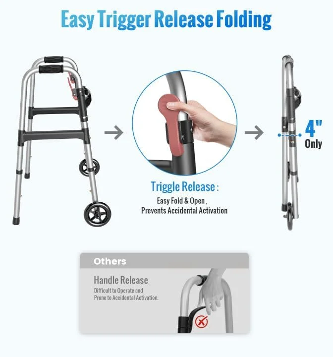 واکر تاشو چرخدار سالمندان هوم لند، واکر چرخدار سبک وزن، واکر استاندارد با قابلیت تنظیم ارتفاع با فریم آلومینیومی، نقره ای