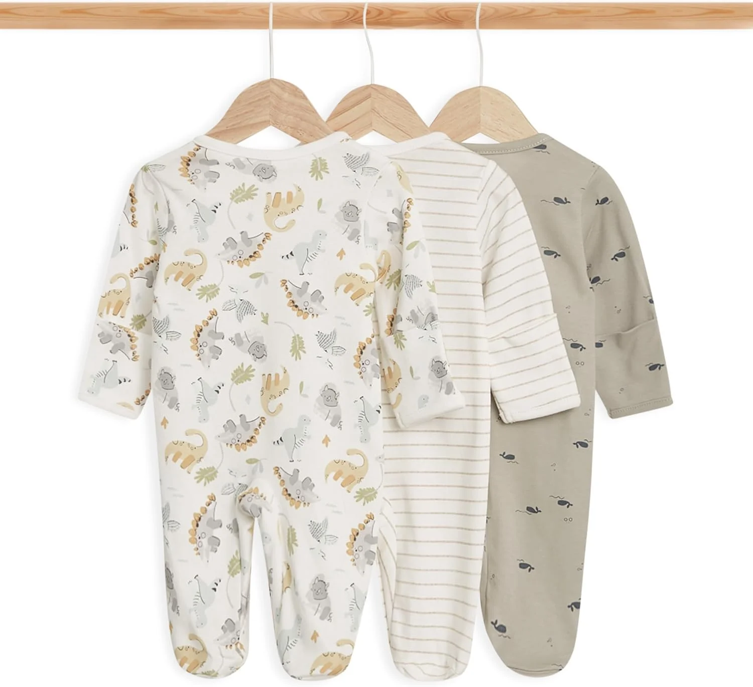 ست لباس خواب 3 عددی پنبه ارگانیک Babyfits - XS | لباس خواب کودک دارای گواهینامه OEKO-TEX برای نوزادان و کودکان نوپا، ضد حساسیت و دارای زیپ - طرح دایناسور