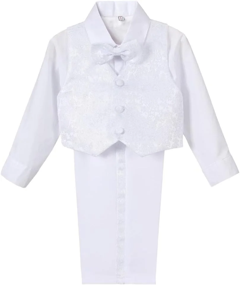 کت و شلوار 5 تکه پسرانه Lito Angels (کت تک، جلیقه، پیراهن، پاپیون و شلوار)، مشکی/عاجی/سفید کت و شلوار 5 تکه پسرانه Lito Angels (کت تک، جلیقه، پیراهن، پاپیون و شلوار)، مشکی/عاجی/سفید