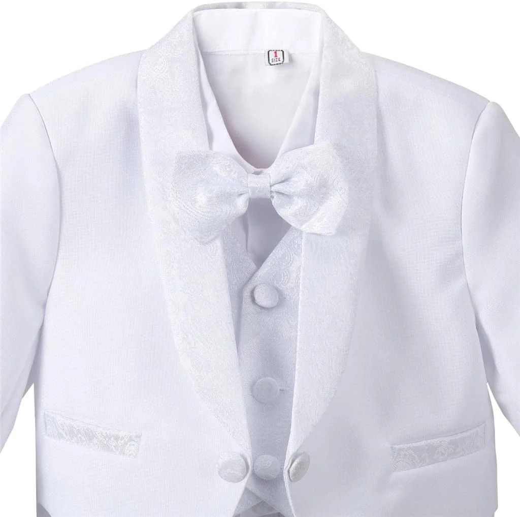 کت و شلوار 5 تکه پسرانه Lito Angels (کت تک، جلیقه، پیراهن، پاپیون و شلوار)، مشکی/عاجی/سفید کت و شلوار 5 تکه پسرانه Lito Angels (کت تک، جلیقه، پیراهن، پاپیون و شلوار)، مشکی/عاجی/سفید