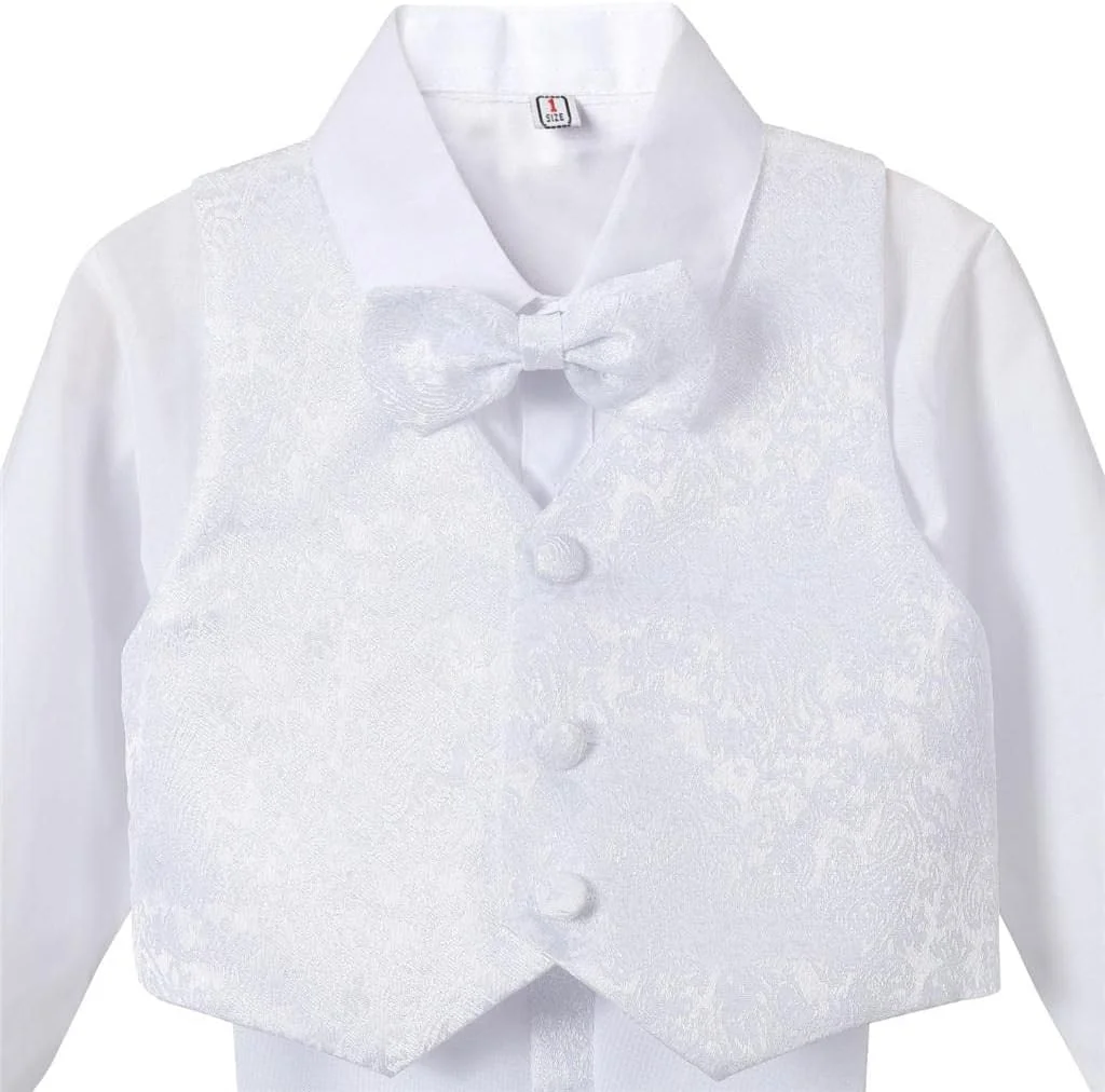 کت و شلوار 5 تکه پسرانه Lito Angels (کت تک، جلیقه، پیراهن، پاپیون و شلوار)، مشکی/عاجی/سفید کت و شلوار 5 تکه پسرانه Lito Angels (کت تک، جلیقه، پیراهن، پاپیون و شلوار)، مشکی/عاجی/سفید