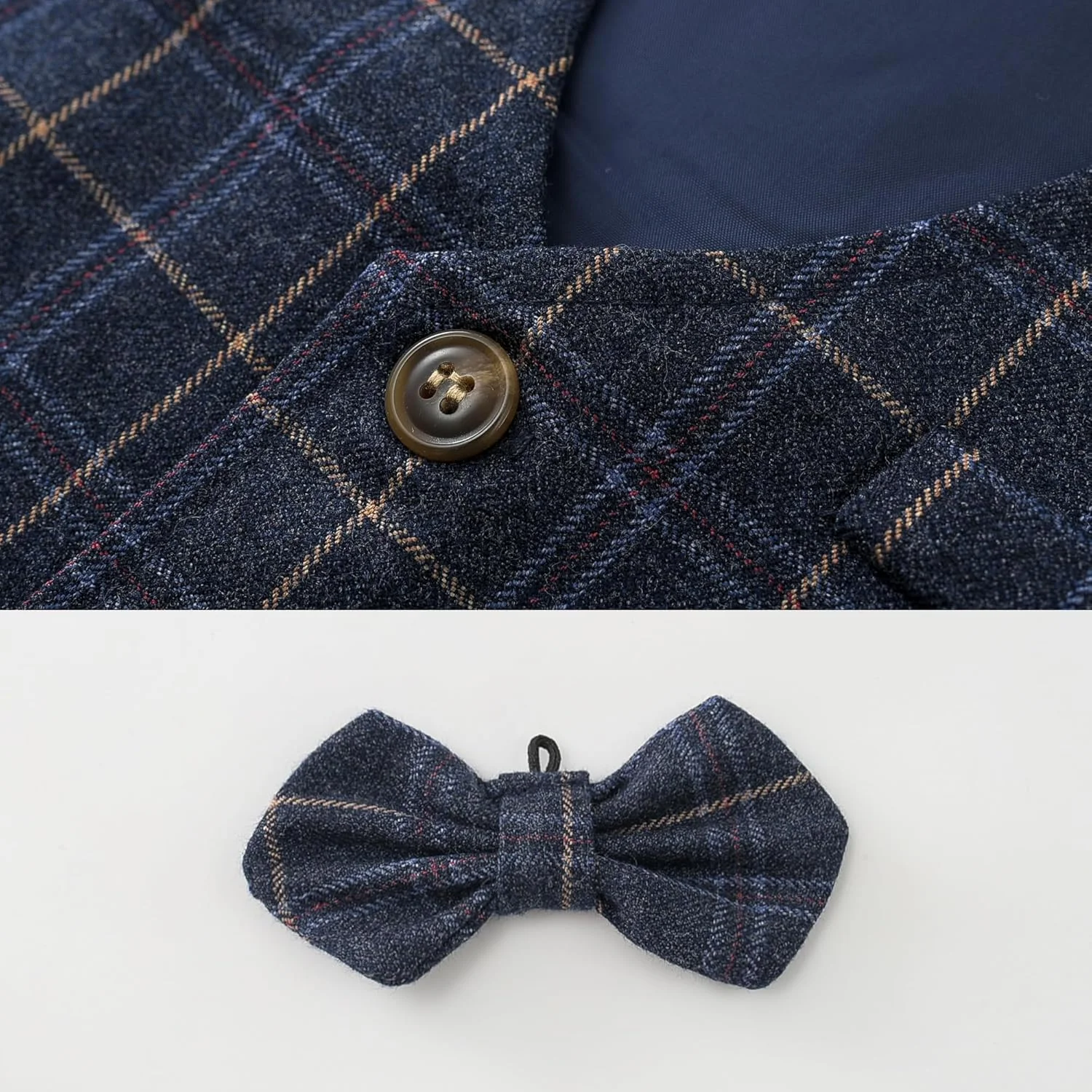 ست لباس پسرانه کیموکت، طرح جنتلمن، شامل پیراهن آستین بلند آبی با پاپیون، جلیقه و شلوار