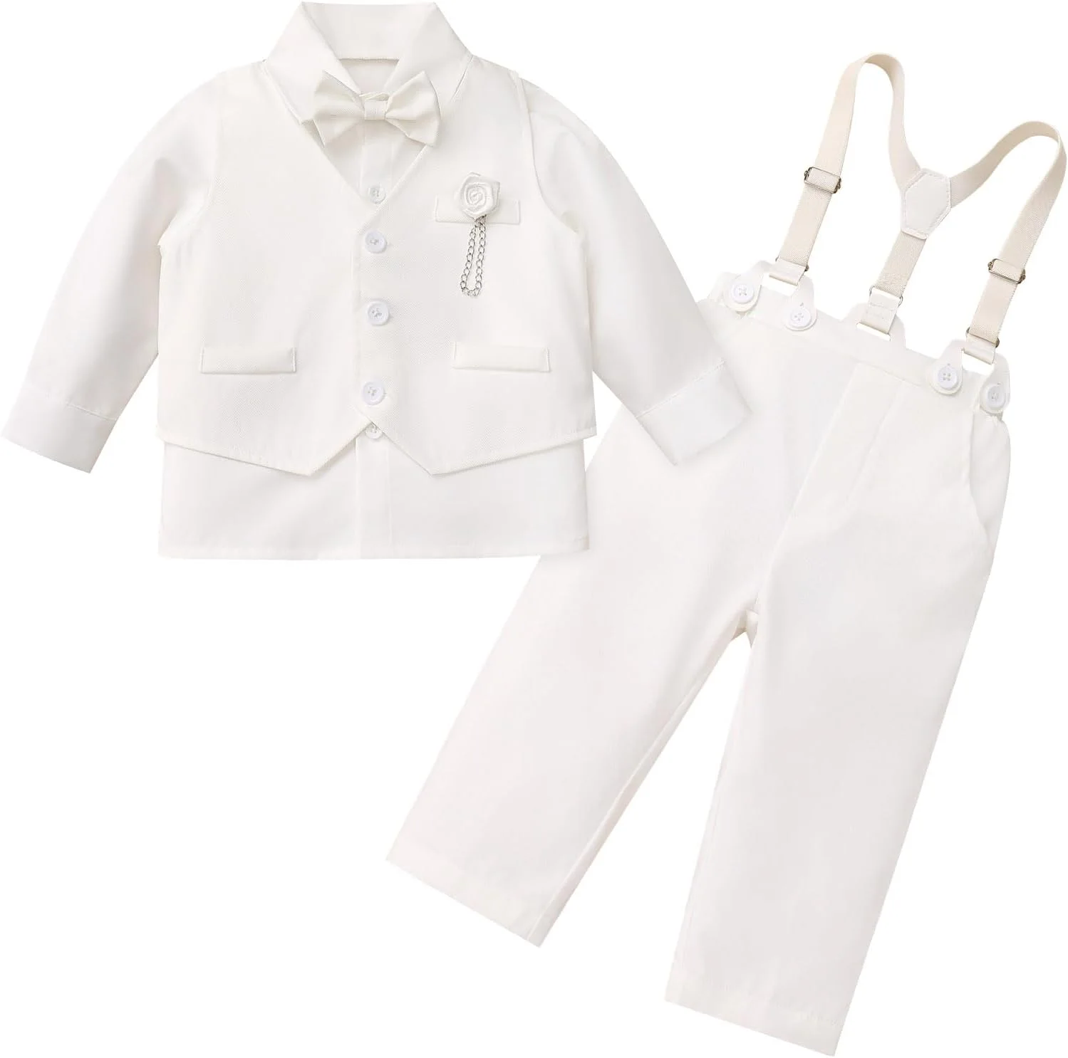 IBTOM CASTLE ست لباس پسرانه نوزاد شامل پیراهن رسمی + پاپیون + جلیقه + شلوار ساسپندر، لباس جنتلمن مناسب عروسی کودکان