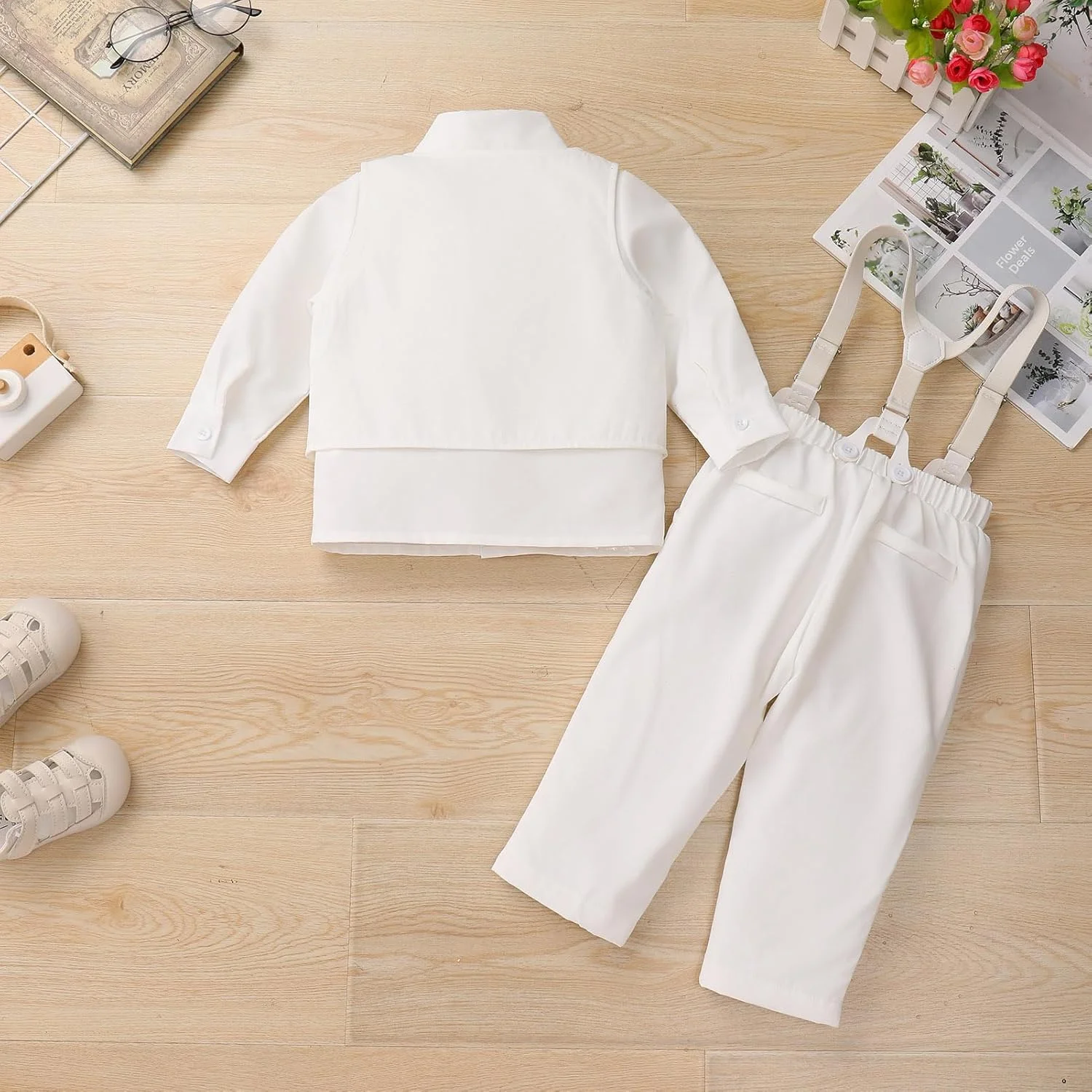 IBTOM CASTLE ست لباس پسرانه نوزاد شامل پیراهن رسمی + پاپیون + جلیقه + شلوار ساسپندر، لباس جنتلمن مناسب عروسی کودکان