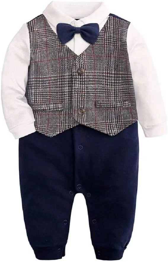 لباس سرهمی تاکسیدو نوزاد پسرانه Hooyi، ست لباس رسمی جنتلمن، طرح چهارخانه، جلیقه، سرهمی، پیراهن، پاپیون، لباس عروسی نوزاد پسر