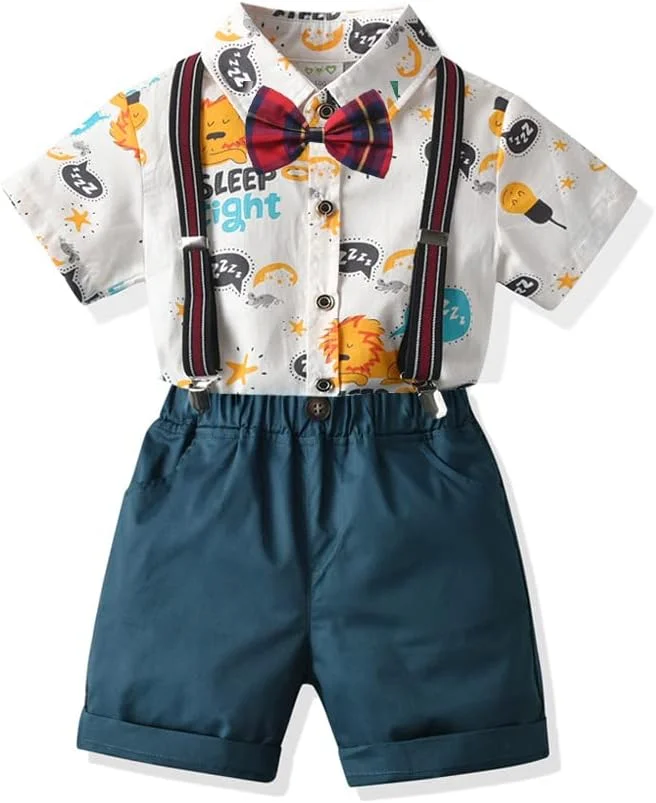ست لباس جنتلمن پسرانه، ست رسمی شورت پسرانه، پیراهن آستین کوتاه + شلوار ساسپندر + پاپیون 4 تکه ست لباس جنتلمن پسرانه، ست رسمی شورت پسرانه، پیراهن آستین کوتاه + شلوار ساسپندر + پاپیون 4 تکه