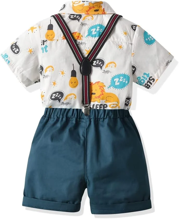 ست لباس جنتلمن پسرانه، ست رسمی شورت پسرانه، پیراهن آستین کوتاه + شلوار ساسپندر + پاپیون 4 تکه ست لباس جنتلمن پسرانه، ست رسمی شورت پسرانه، پیراهن آستین کوتاه + شلوار ساسپندر + پاپیون 4 تکه