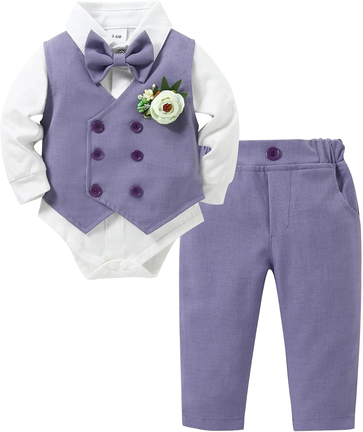ست لباس پسرانه نوزادی DISAUR، 5 تکه، شامل پیراهن، پاپیون، جلیقه، گل سینه و شلوار، مناسب برای مراسم عروسی