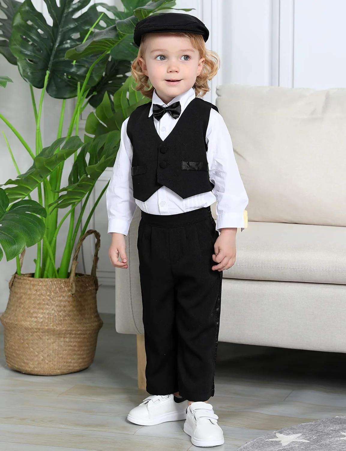 کت و شلوار پسرانه A&J DESIGN، ست 5 تکه تاکسیدو جنتلمن شامل ژاکت، پیراهن، جلیقه، شلوار و کلاه