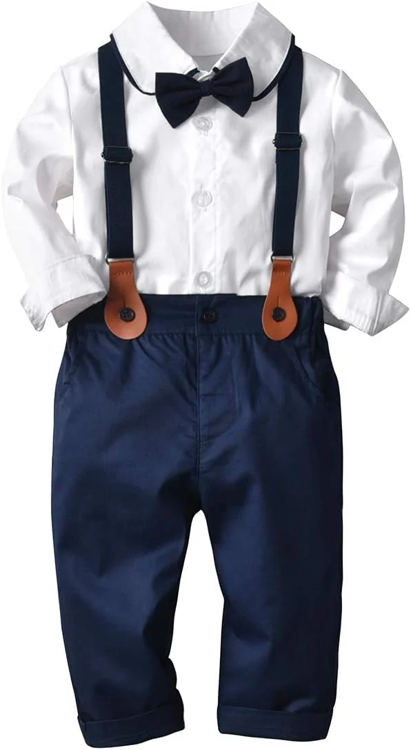 ست لباس جنتلمن پسرانه BSFASF شامل پیراهن آستین بلند + پاپیون + شلوار پیشبندی، مناسب نوزادان (سفید، 6-12 ماه)