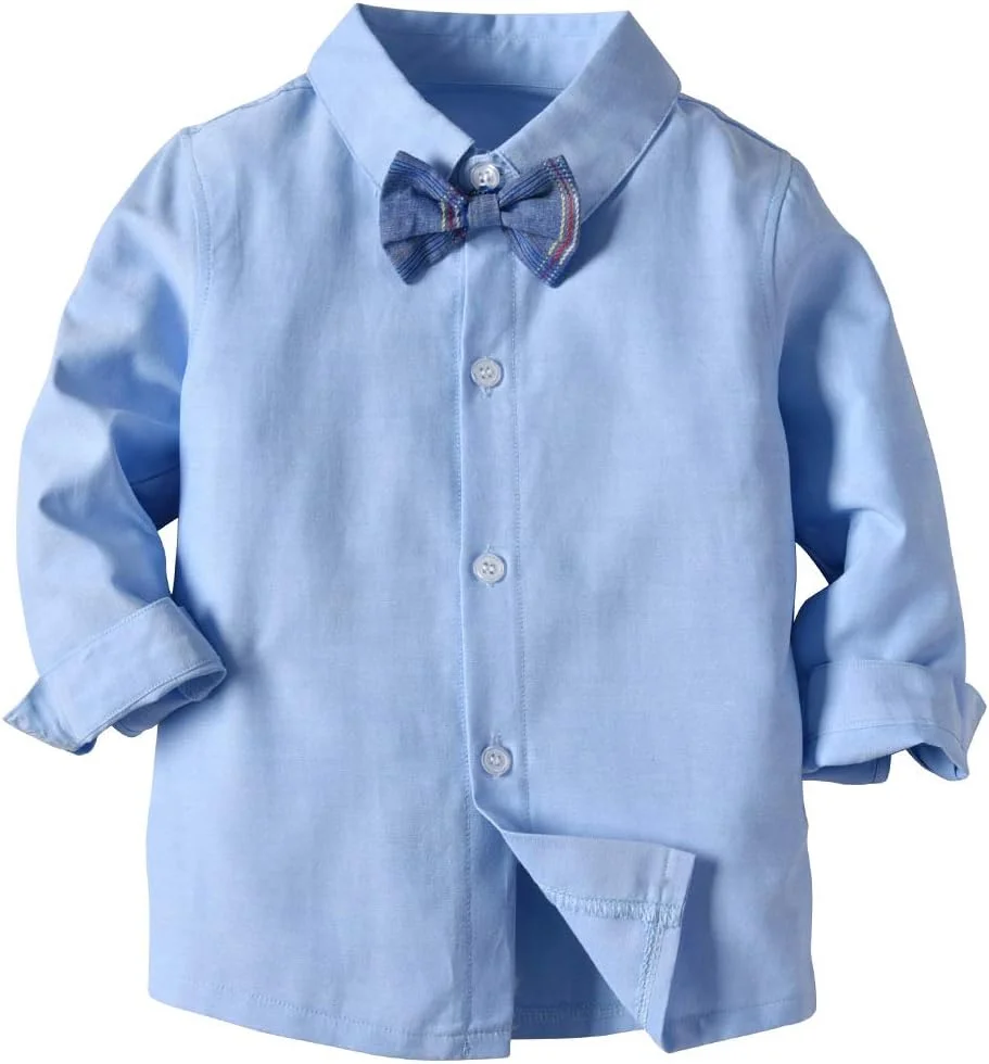 ست لباس جنتلمن پسرانه BSFASF شامل پیراهن آستین بلند + پاپیون + شلوار پیشبندی، لباس نوزادی (آبی 2، 12 ماه)