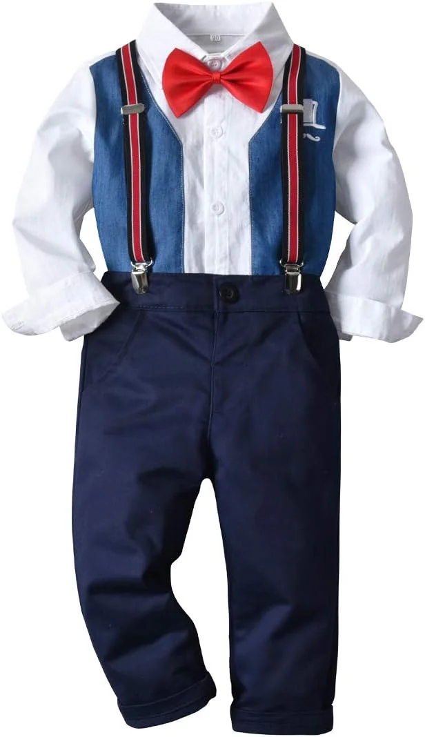 ست لباس جنتلمن پسرانه BSFASF شامل پیراهن آستین بلند + پاپیون + شلوار پیشبندی، لباس سرهمی نوزادی (آبی C، 1-2 سال)