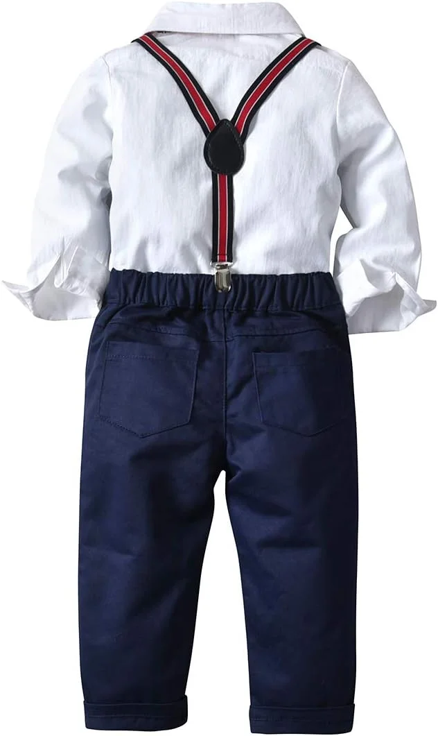 ست لباس جنتلمن پسرانه BSFASF شامل پیراهن آستین بلند + پاپیون + شلوار پیشبندی، لباس سرهمی نوزادی (آبی C، 1-2 سال)