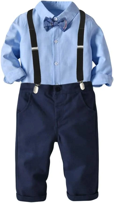ست لباس جنتلمن پسرانه BSFASF شامل پیراهن آستین بلند + پاپیون + شلوار پیشبندی، لباس نوزادی (آبی 2، 12 ماه)