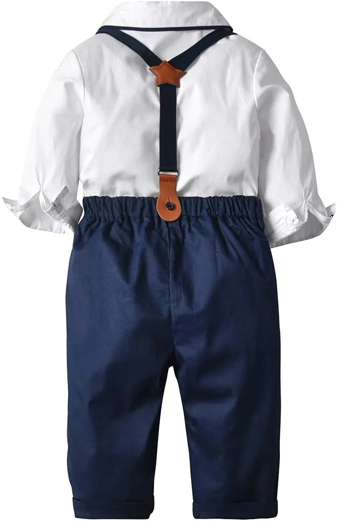 ست لباس جنتلمن پسرانه BSFASF شامل پیراهن آستین بلند + پاپیون + شلوار پیشبندی، مناسب نوزاد (سفید، 6-12 ماه)