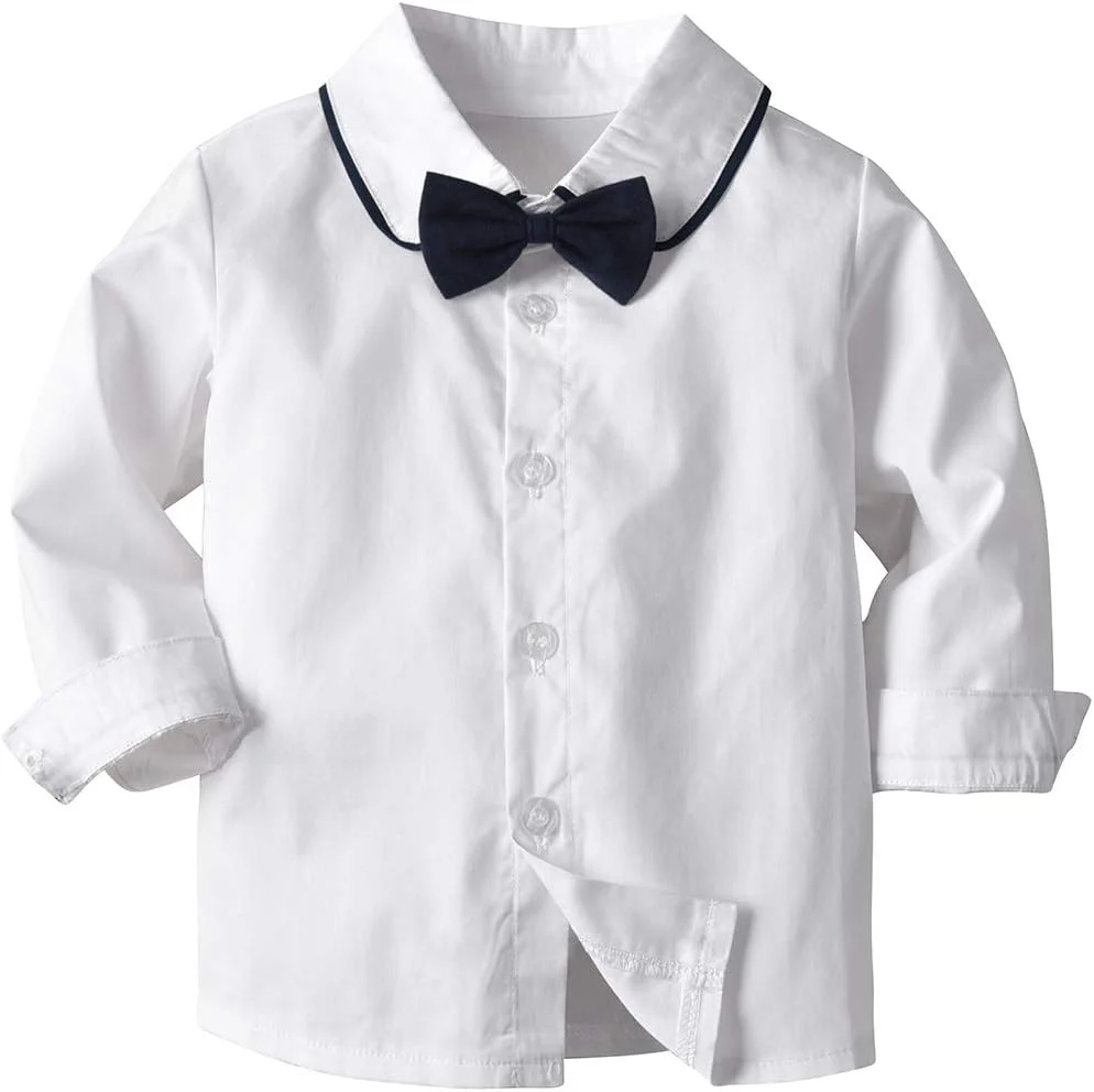 ست لباس جنتلمن پسرانه BSFASF شامل پیراهن آستین بلند + پاپیون + شلوار پیشبندی، مناسب نوزاد (سفید، 6-12 ماه)