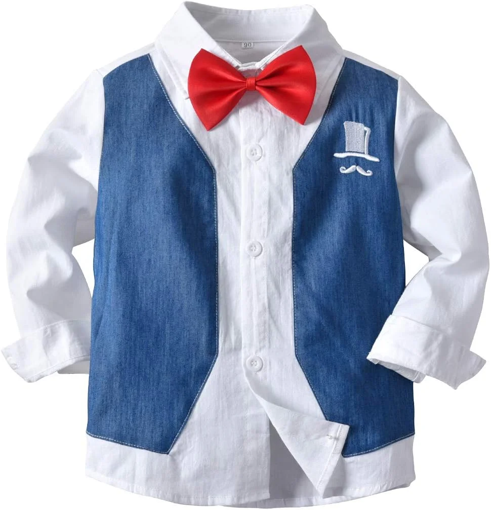 ست لباس جنتلمن پسرانه BSFASF شامل پیراهن آستین بلند + پاپیون + شلوار پیشبندی، لباس سرهمی نوزادی (آبی C، 1-2 سال)