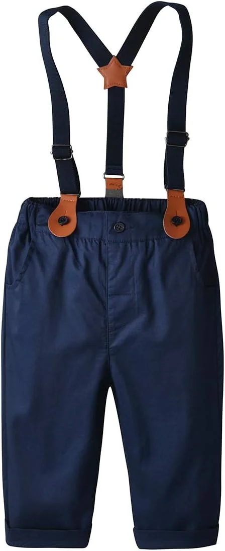 ست لباس جنتلمن پسرانه BSFASF شامل پیراهن آستین بلند + پاپیون + شلوار پیشبندی، مناسب نوزاد (سفید، 6-12 ماه)