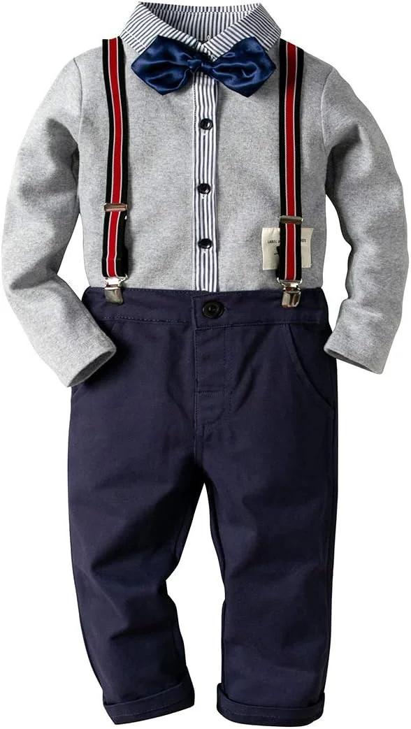 ست لباس جنتلمن پسرانه نوزادی BSFASF، شامل پیراهن آستین بلند + پاپیون + شلوار پیشبندی (خاکستری، 2-3 سال) ست لباس جنتلمن پسرانه نوزادی BSFASF، شامل پیراهن آستین بلند + پاپیون + شلوار پیشبندی (خاکستری، 2-3 سال)